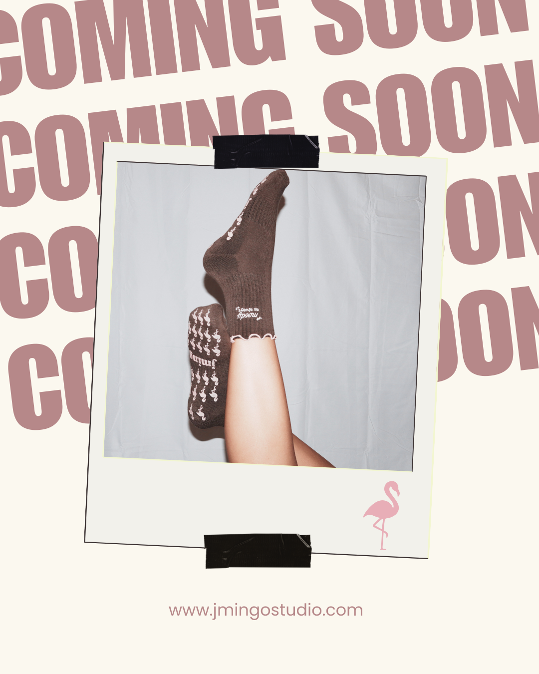 Brown socks with white patterns on a white background, featuring 'Coming Soon' text and a flamingo logo.